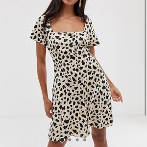 ASOS Leopard Animal Print Square Neck Satin Short Sleeve Fit & Flare Mini Dress